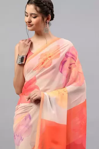 Peach georgette printed saree with blouse