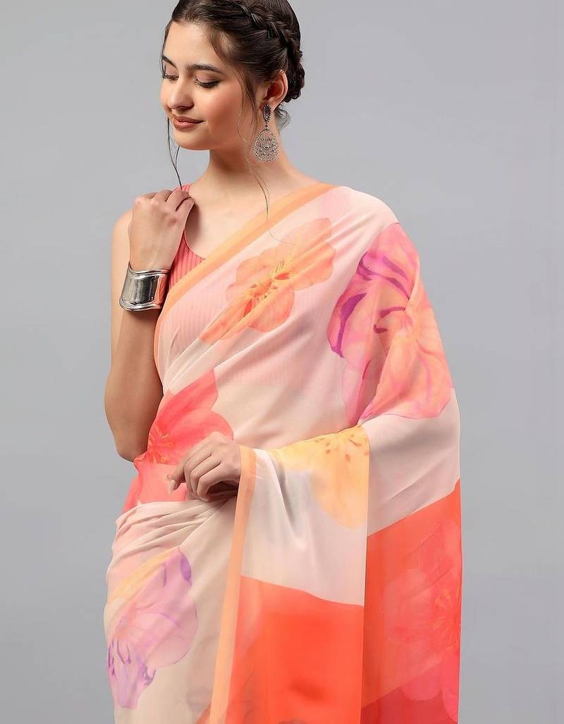 Peach georgette printed saree with blouse