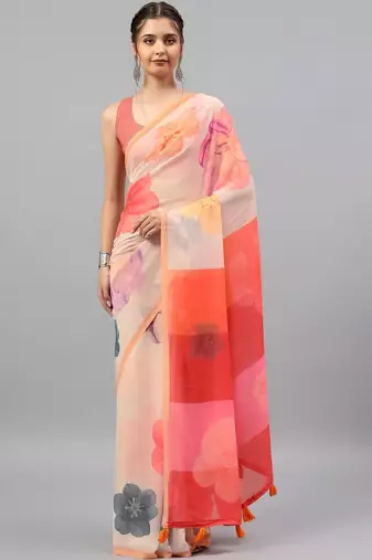 Peach georgette printed saree with blouse