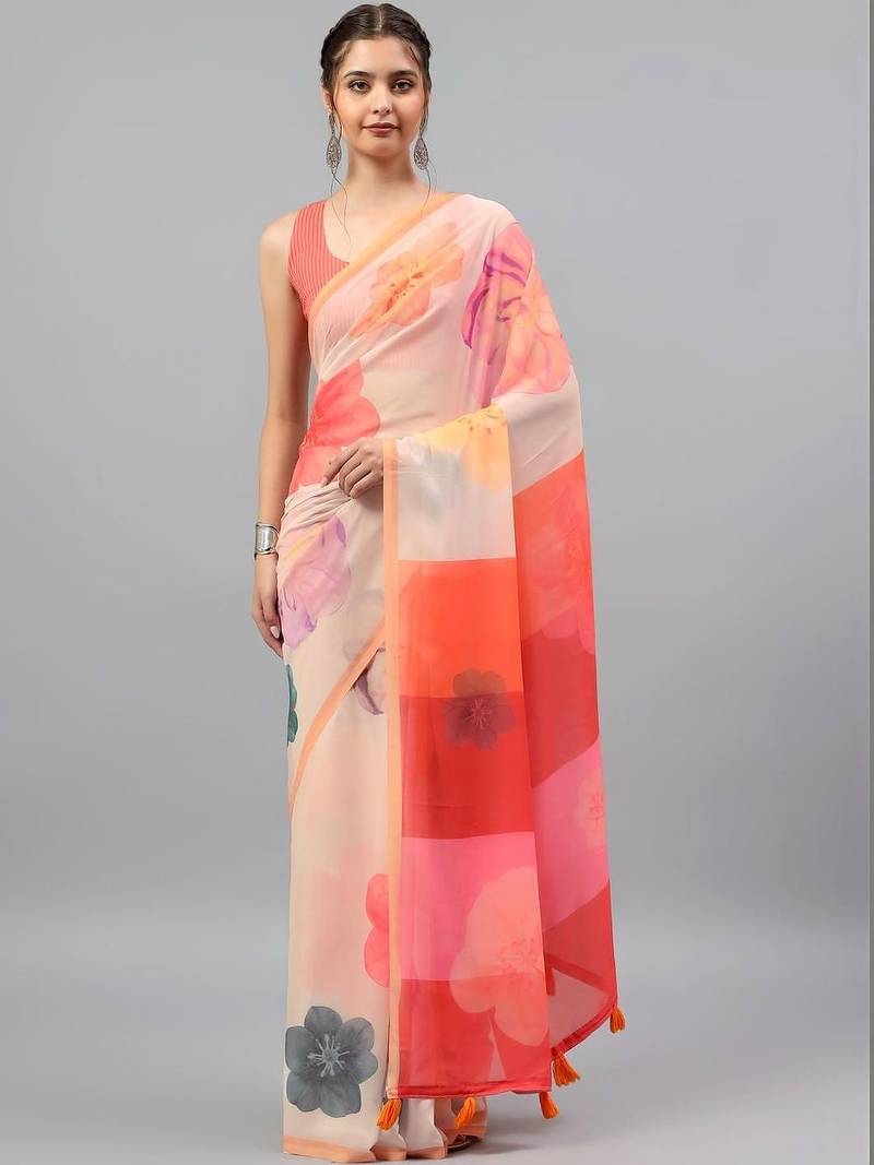 Peach georgette printed saree with blouse
