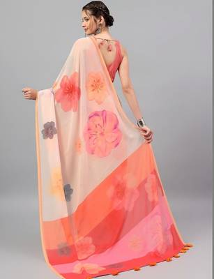 Peach georgette printed saree with blouse 5