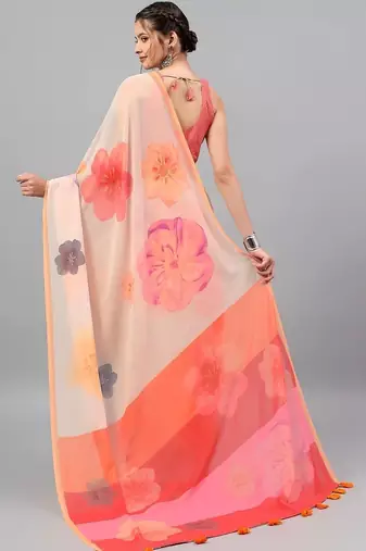 Peach georgette printed saree with blouse