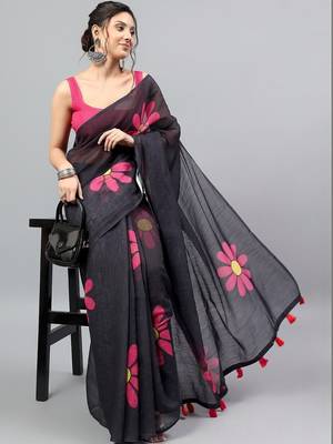 Black linen printed saree with blouse 1