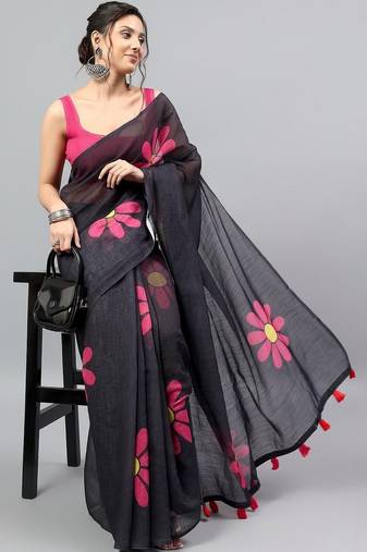 Black linen printed saree with blouse