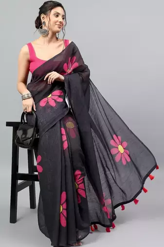 Black linen printed saree with blouse
