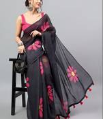 Black linen printed saree with blouse