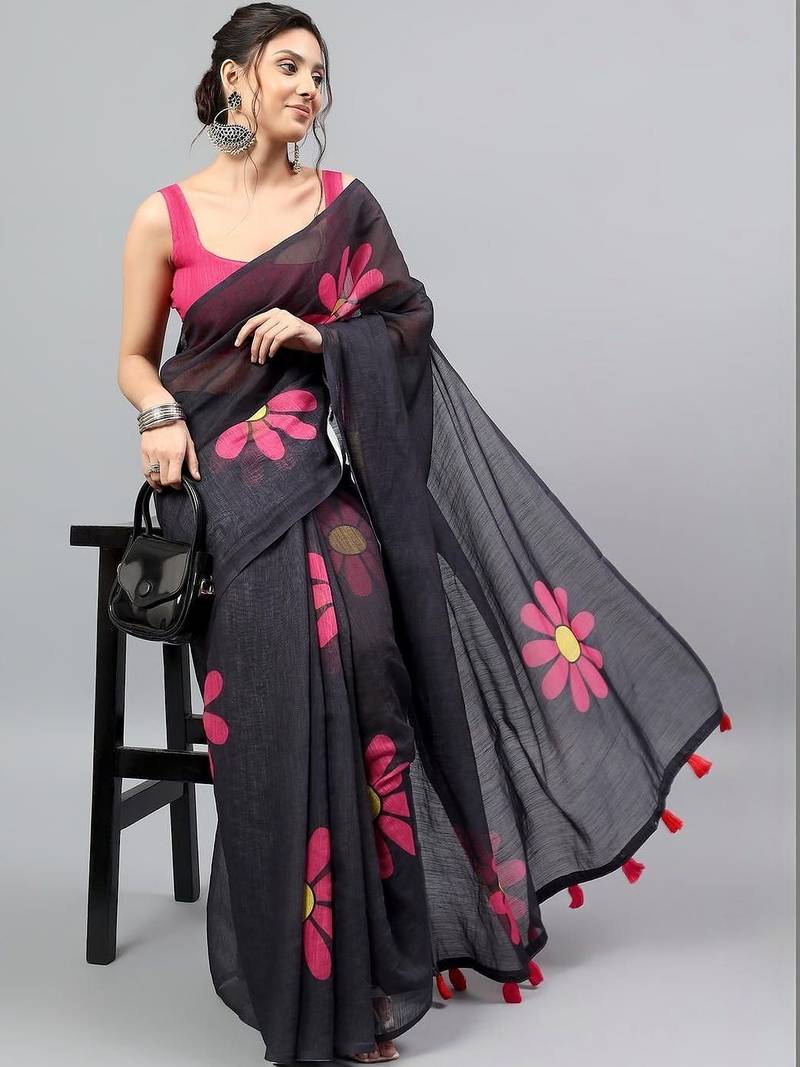 Black linen printed saree with blouse