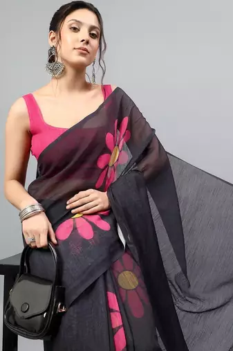 Black linen printed saree with blouse