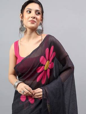 Black linen printed saree with blouse 3