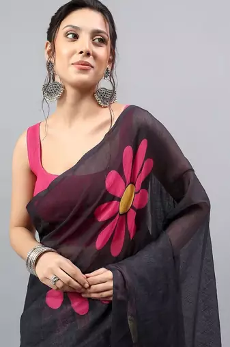 Black linen printed saree with blouse