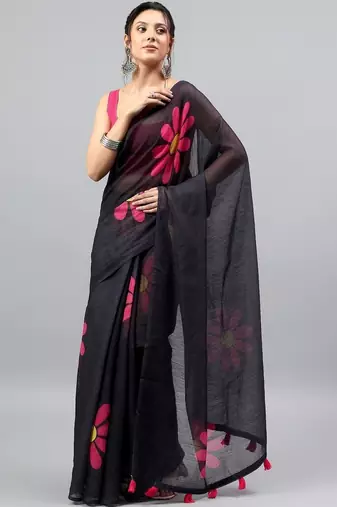 Black linen printed saree with blouse
