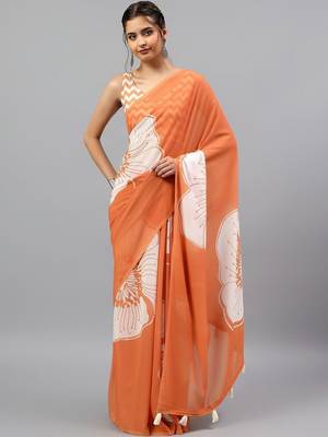 Orange georgette printed saree with blouse 1