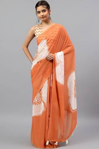 Orange georgette printed saree with blouse