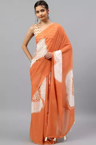 Orange georgette printed saree with blouse
