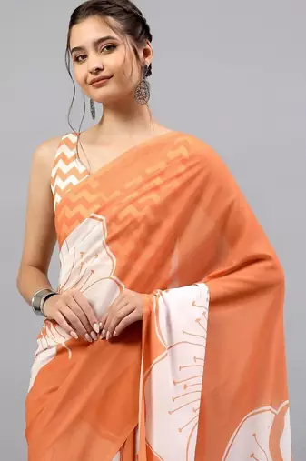 Orange georgette printed saree with blouse