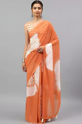 Orange georgette printed saree with blouse