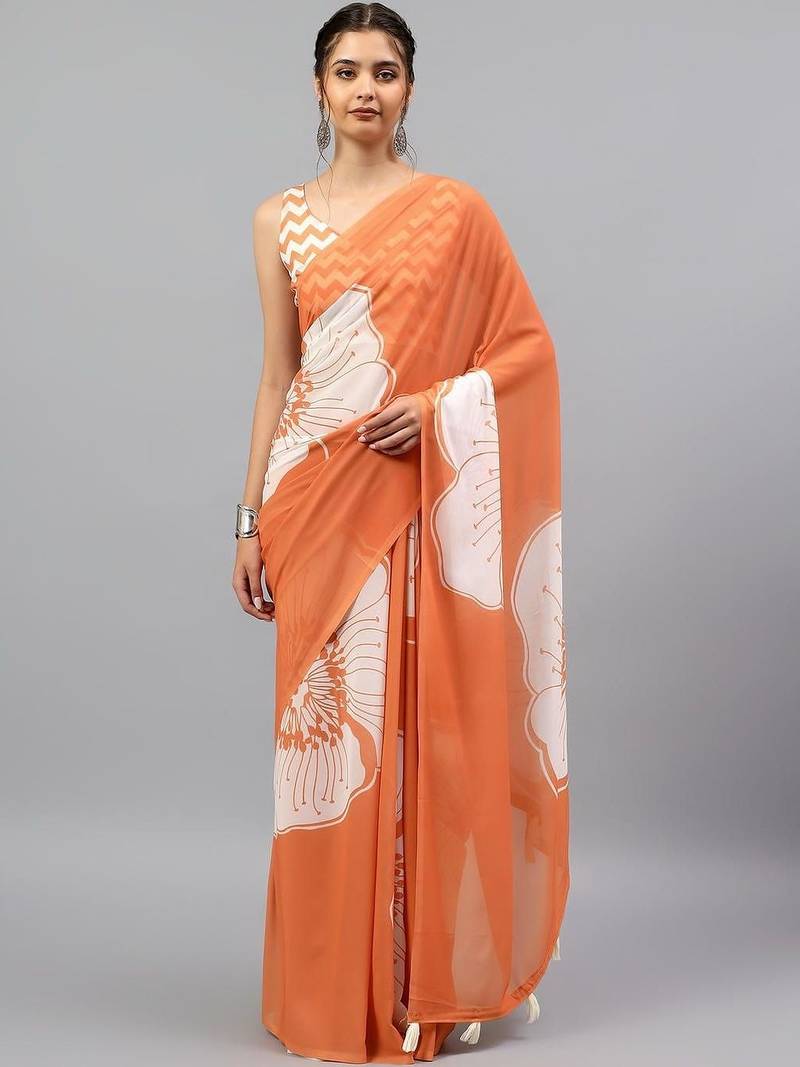 Orange georgette printed saree with blouse