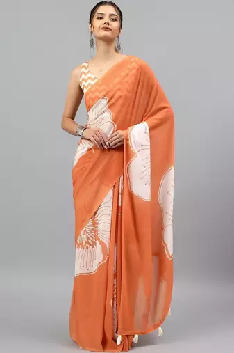 Orange georgette printed saree with blouse