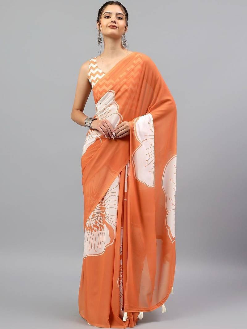 Orange georgette printed saree with blouse