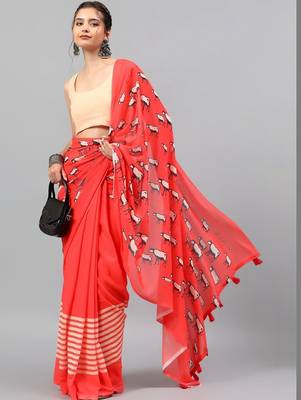 Red georgette printed saree with blouse 1