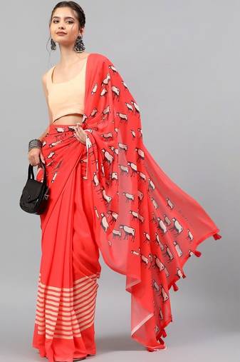 Red georgette printed saree with blouse