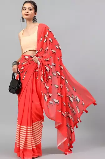 Red georgette printed saree with blouse