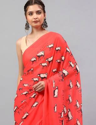 Red georgette printed saree with blouse 2