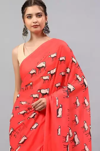 Red georgette printed saree with blouse