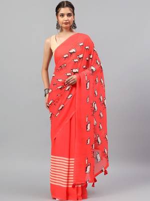 Red georgette printed saree with blouse 3