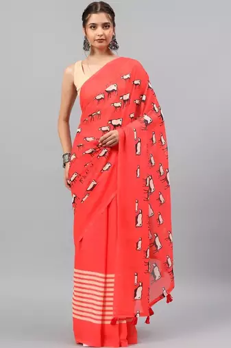 Red georgette printed saree with blouse