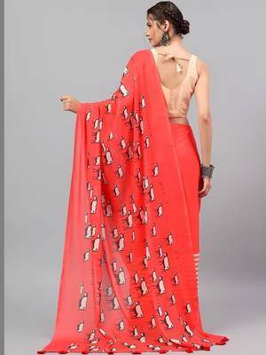 Red georgette printed saree with blouse 4