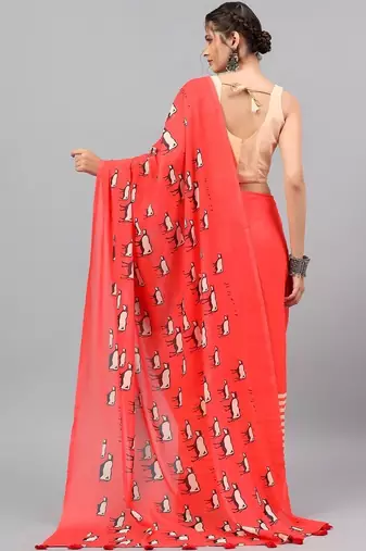 Red georgette printed saree with blouse