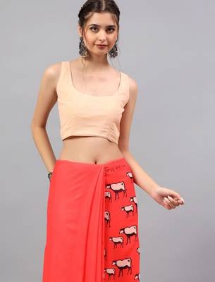 Red georgette printed saree with blouse 5