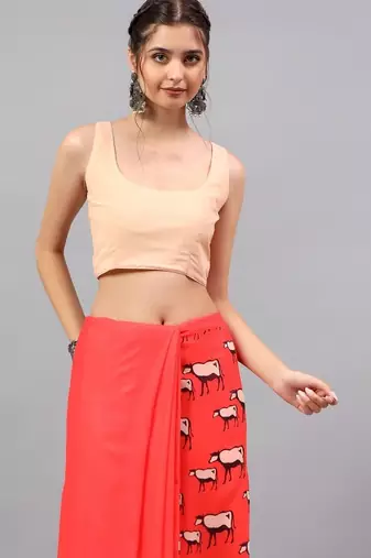 Red georgette printed saree with blouse
