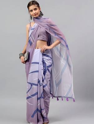 Purple georgette printed saree with blouse 1