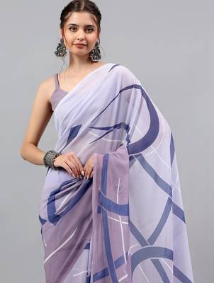 Purple georgette printed saree with blouse 2