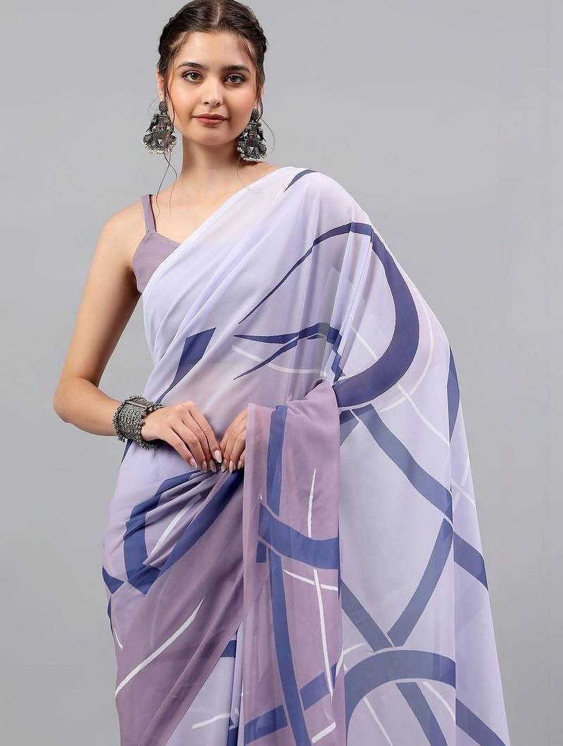 Purple georgette printed saree with blouse