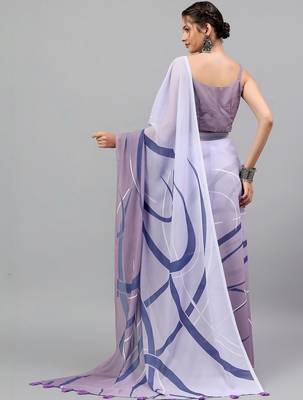 Purple georgette printed saree with blouse 5