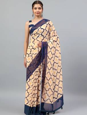 Peach georgette printed saree with blouse 1