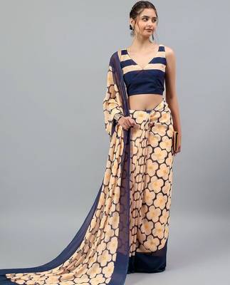Peach georgette printed saree with blouse 3