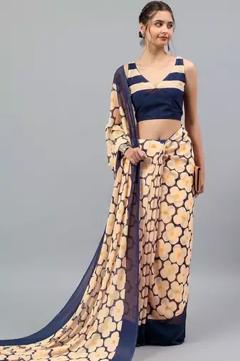 Peach georgette printed saree with blouse