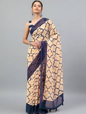 Peach georgette printed saree with blouse 5