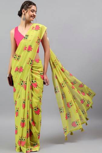 Lime georgette printed saree with blouse