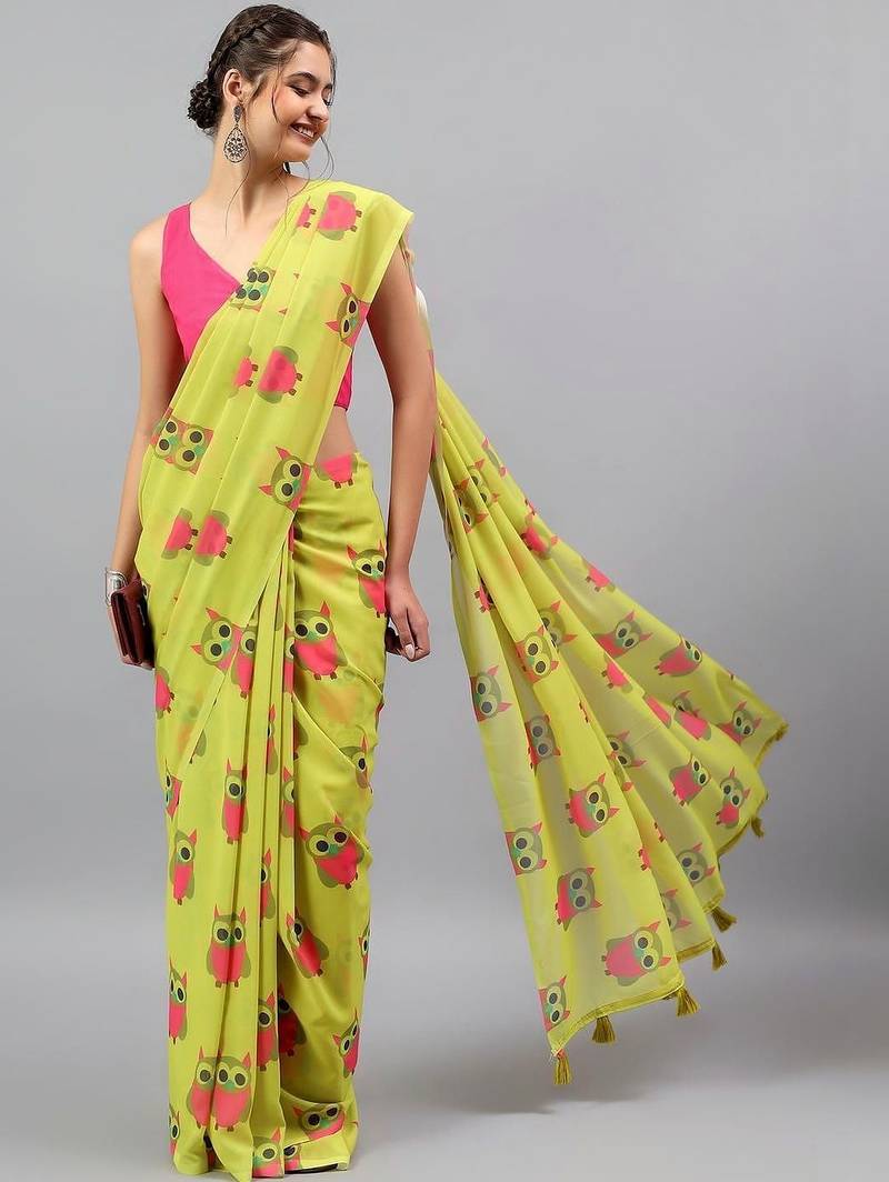 Lime georgette printed saree with blouse