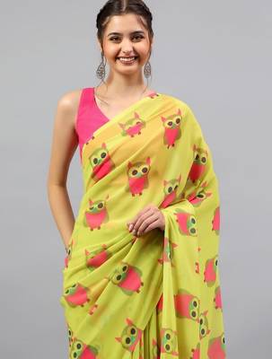 Lime georgette printed saree with blouse 2