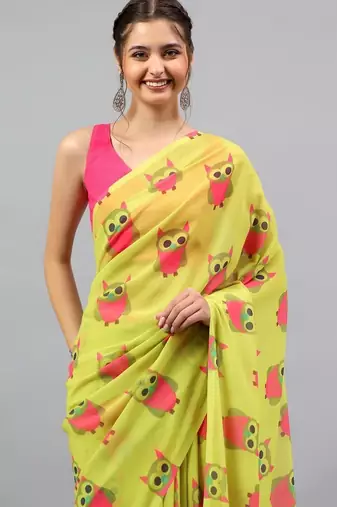 Lime georgette printed saree with blouse