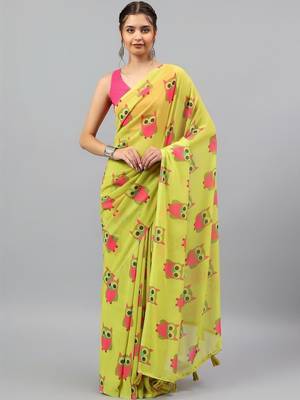 Lime georgette printed saree with blouse 3