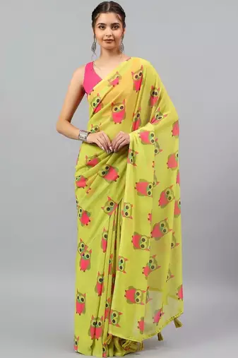 Lime georgette printed saree with blouse