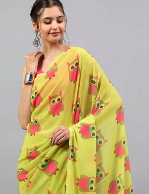 Lime georgette printed saree with blouse 5