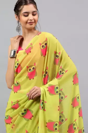 Lime georgette printed saree with blouse